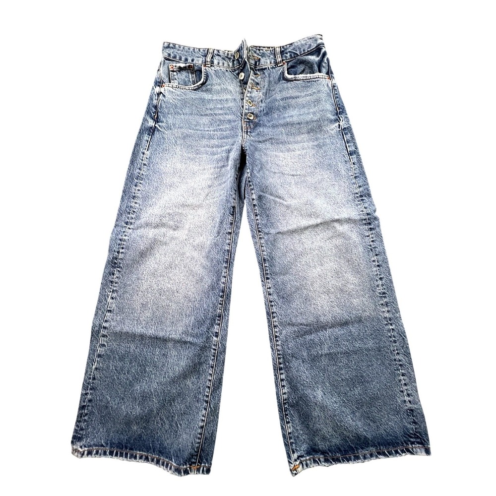 ZARA Women's Wide Leg Jeans EUR 42 US 11‎ High Rise Button Fly Blue Denim